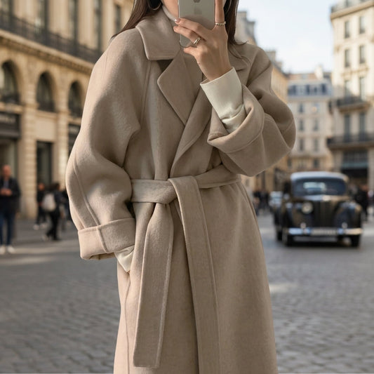 Manteau en Laine Col Cranté Ceinturé pour Femme