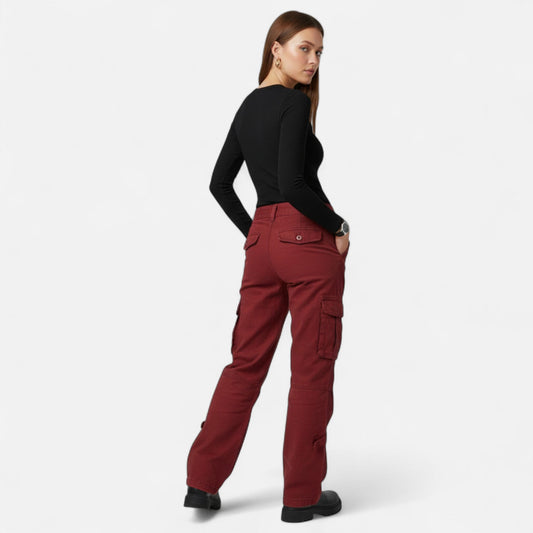 Pantalon cargo femme coton coupe large jambe droite