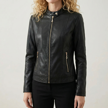Veste en Similicuir Boutons Décoratifs Style Motard pour Femme