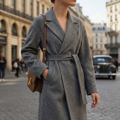 Manteau en Laine Col Cranté Ceinturé pour Femme