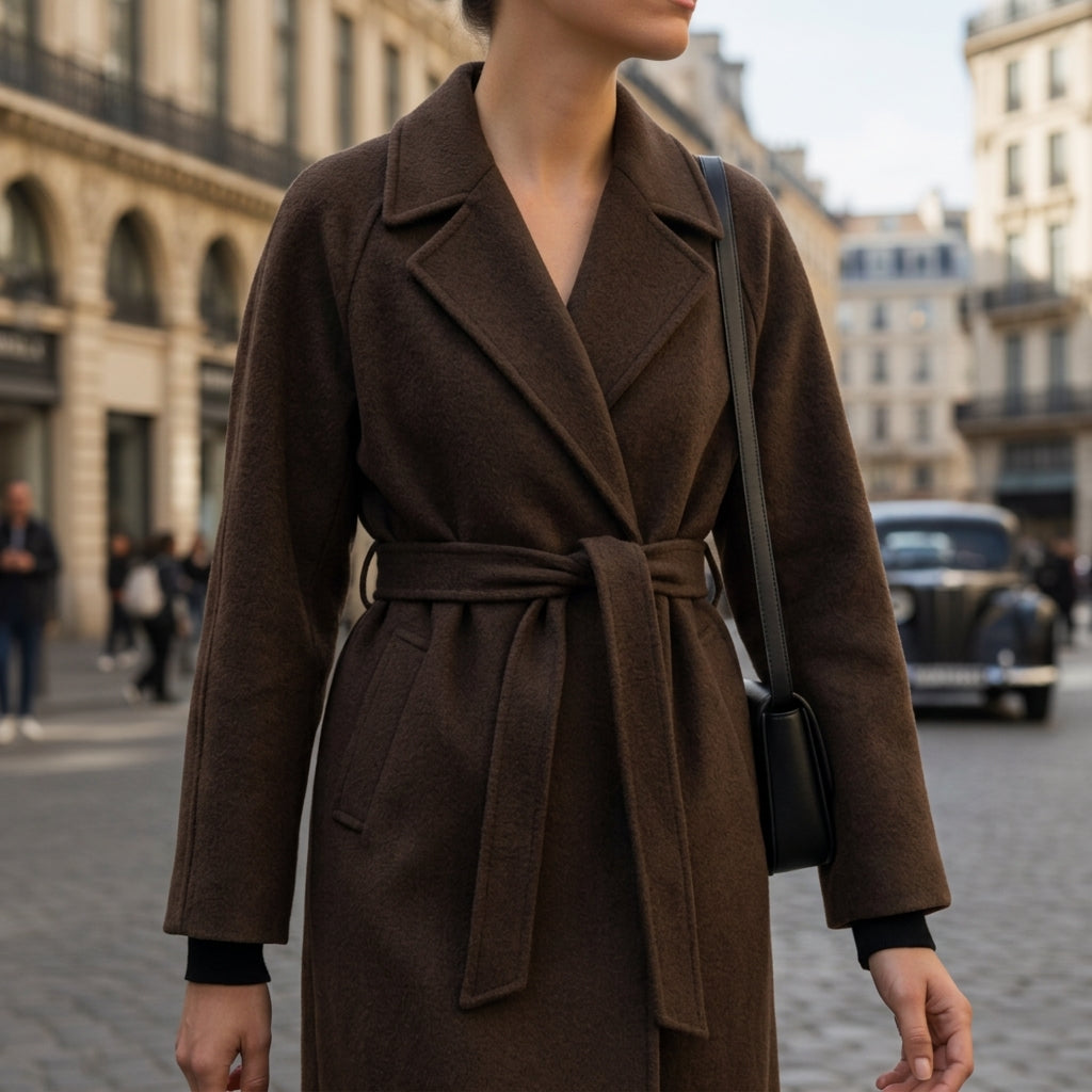 Manteau en Laine Col Cranté Ceinturé pour Femme