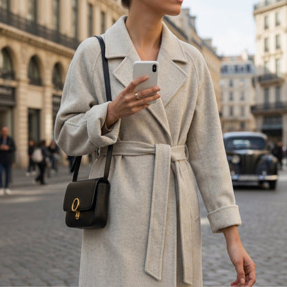 Manteau en Laine Col Cranté Ceinturé pour Femme