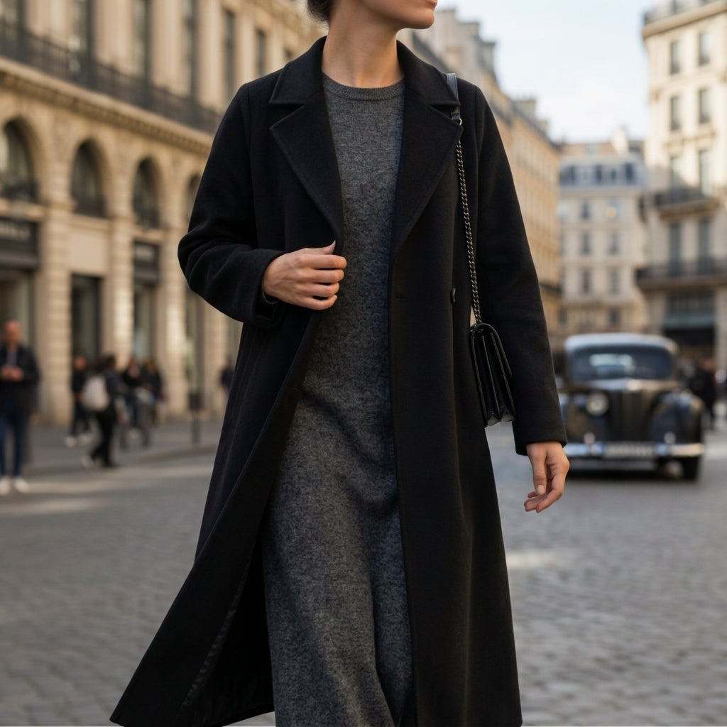 Manteau en Laine Col Cranté Ceinturé pour Femme
