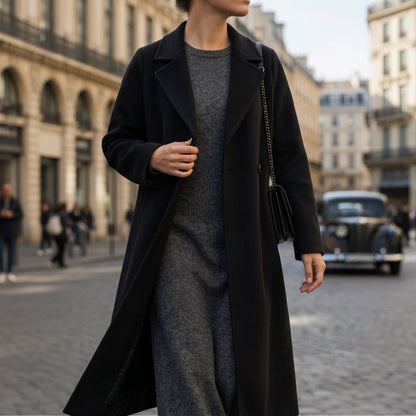 Manteau en Laine Col Cranté Ceinturé pour Femme