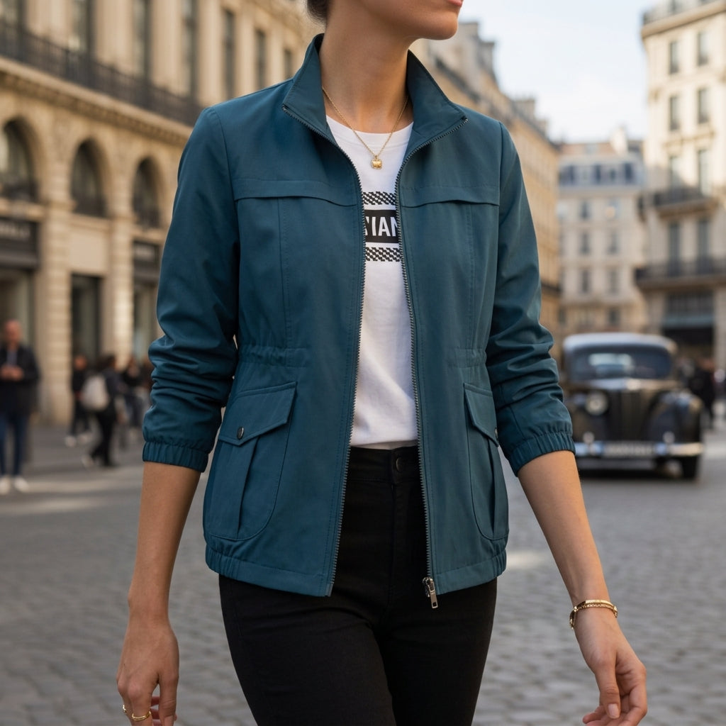 Women's Zip-Up Cotton Jacket with Drawstring Waist