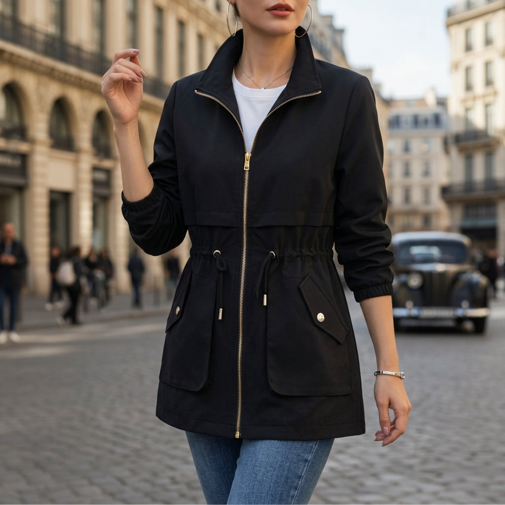 Women's Zip-Up Cotton Jacket with Drawstring Waist