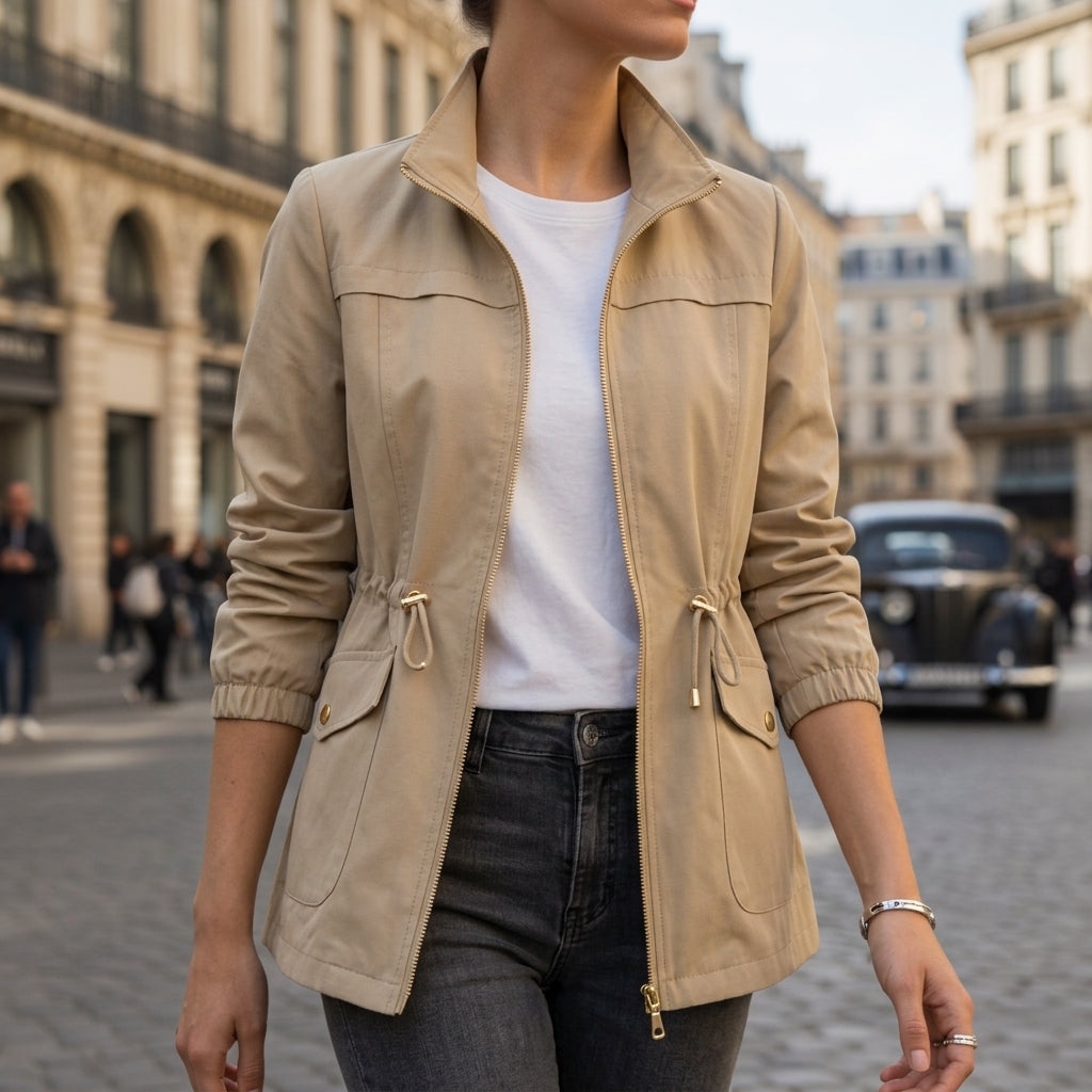 Women's Zip-Up Cotton Jacket with Drawstring Waist