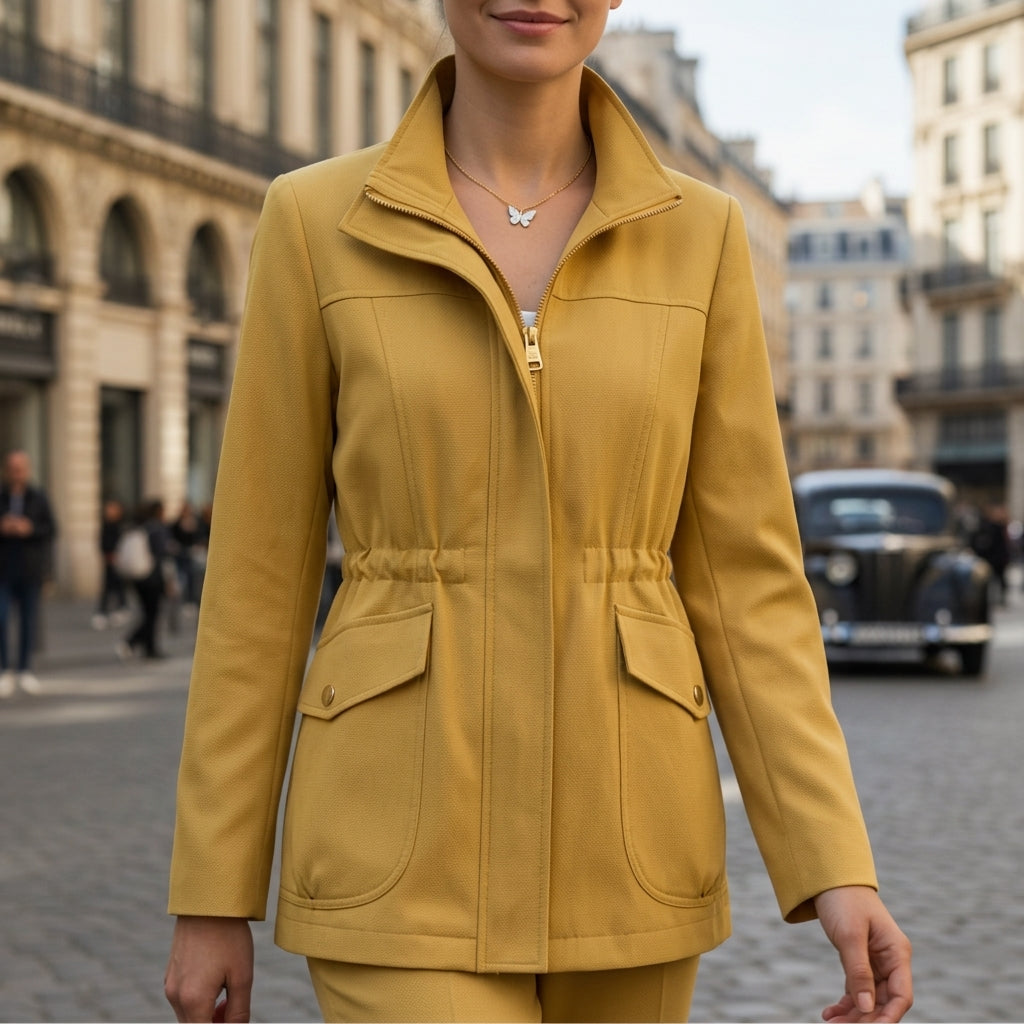 Women's Zip-Up Cotton Jacket with Drawstring Waist