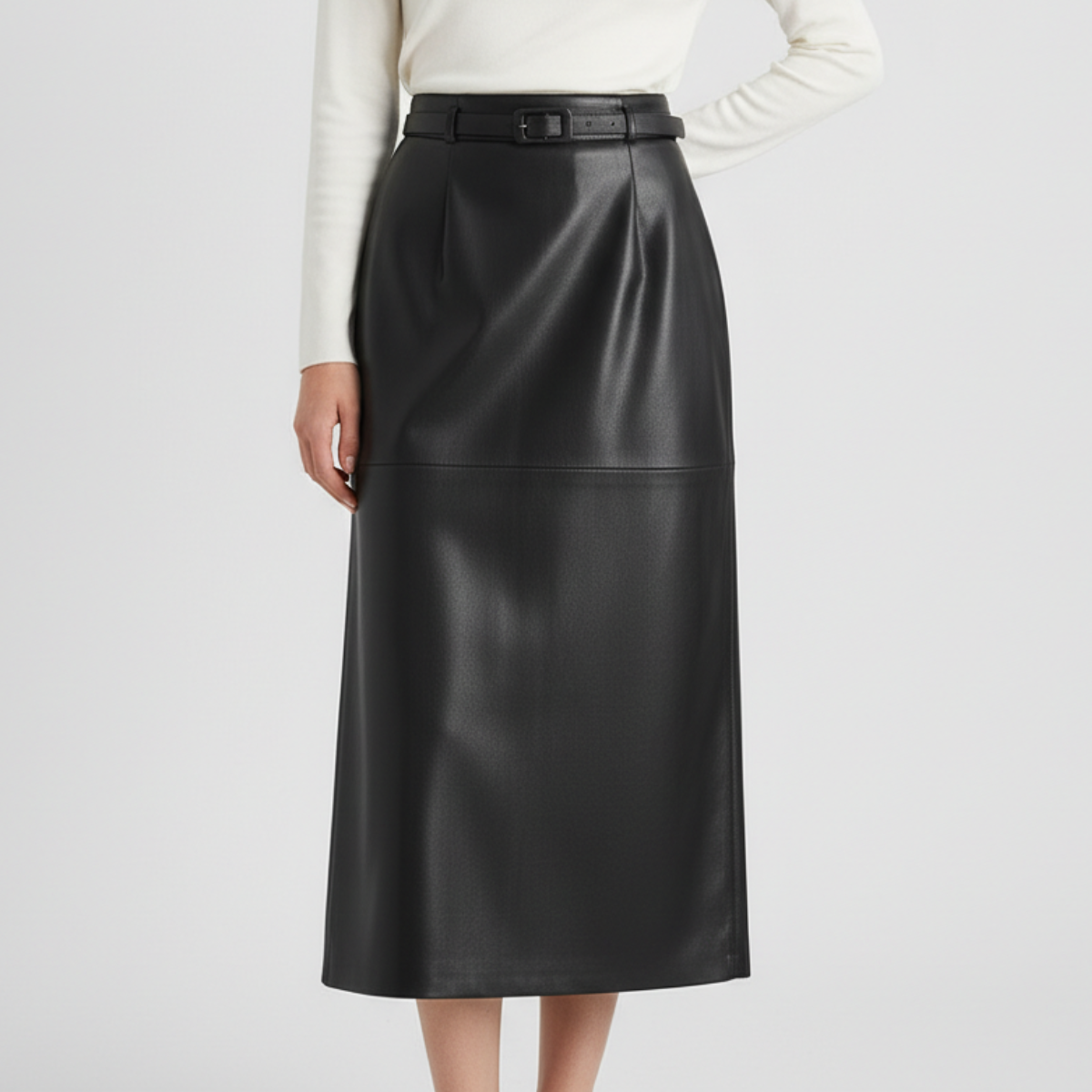 Women's High-Rise Faux Leather Skirt with Buckle Belt