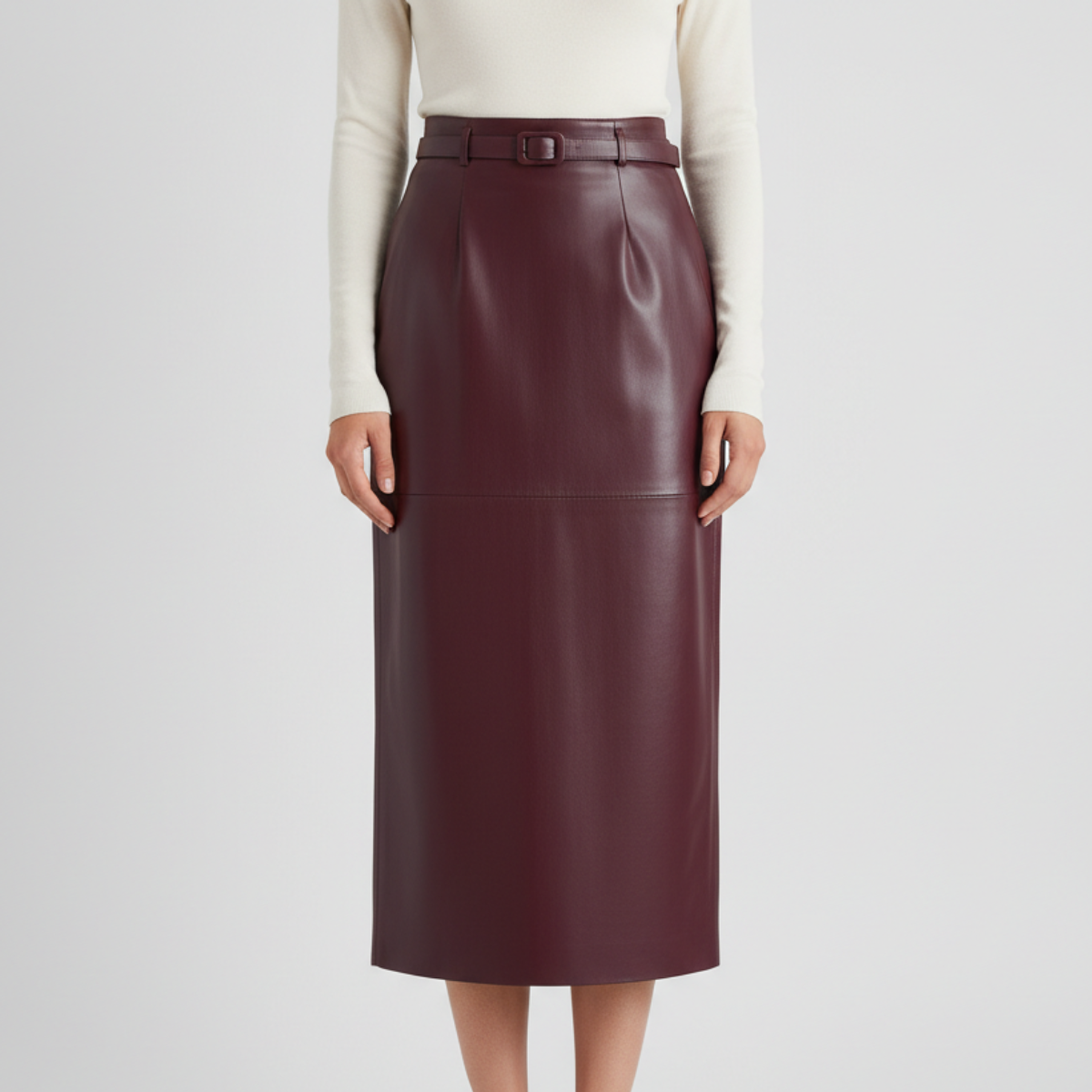 Women's High-Rise Faux Leather Skirt with Buckle Belt