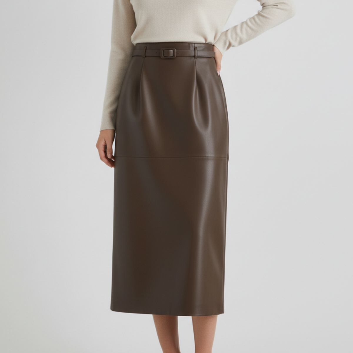 Women's High-Rise Faux Leather Skirt with Buckle Belt