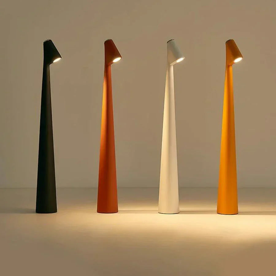 Rechargeable wireless table lamp with a slim base, available in several sizes