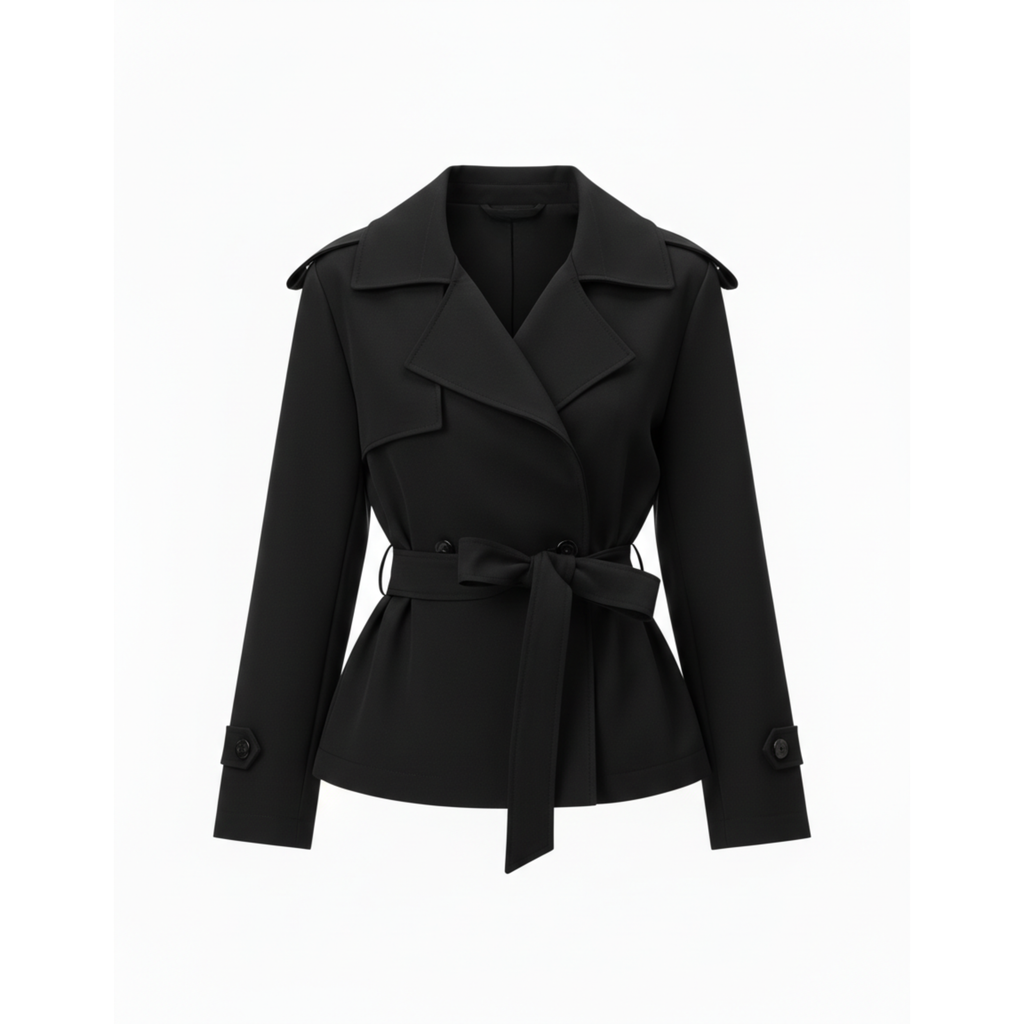 Women's Cropped Trench Coat with Tie Belt and Notched Lapels