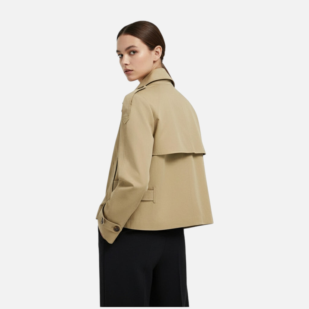 Women's short double-breasted trench coat with a belted waist and high collar