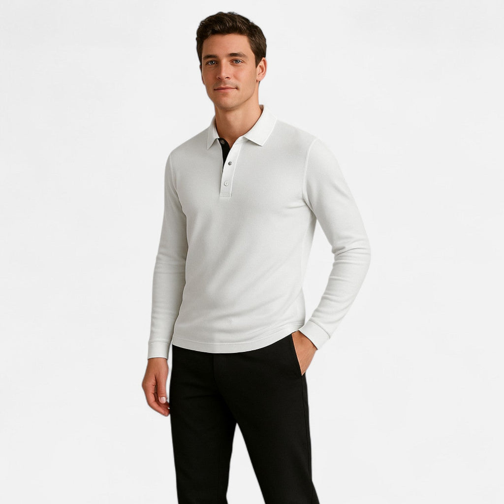 Polo de algodón de manga larga con cuello de tres botones para hombre
