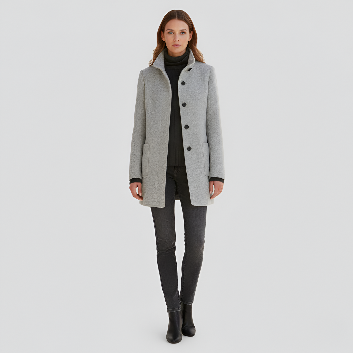 Manteau en Mélange de Laine Col Haut Poches Plaquées pour Femme