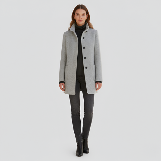 Manteau en Mélange de Laine Col Haut Poches Plaquées pour Femme