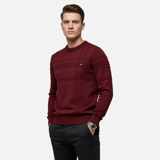 Pull homme coton rayures classiques col rond maille fine