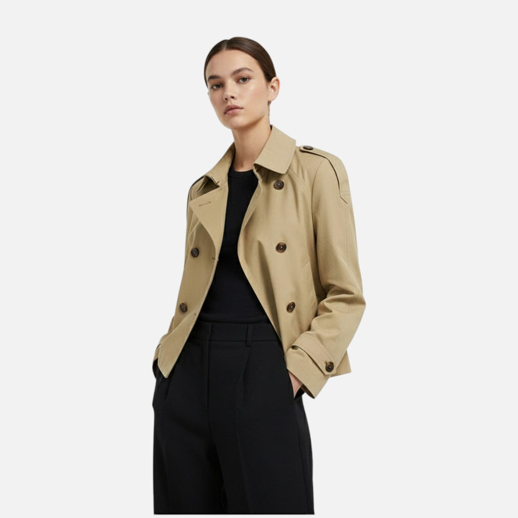 Women's short double-breasted trench coat with a belted waist and high collar