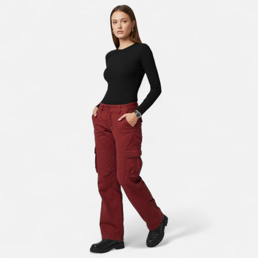 Pantalon cargo femme coton coupe large jambe droite