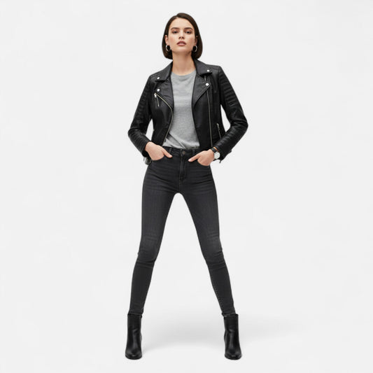 Blouson en Cuir Véritable Design Biker Coupe Structurée pour Femme
