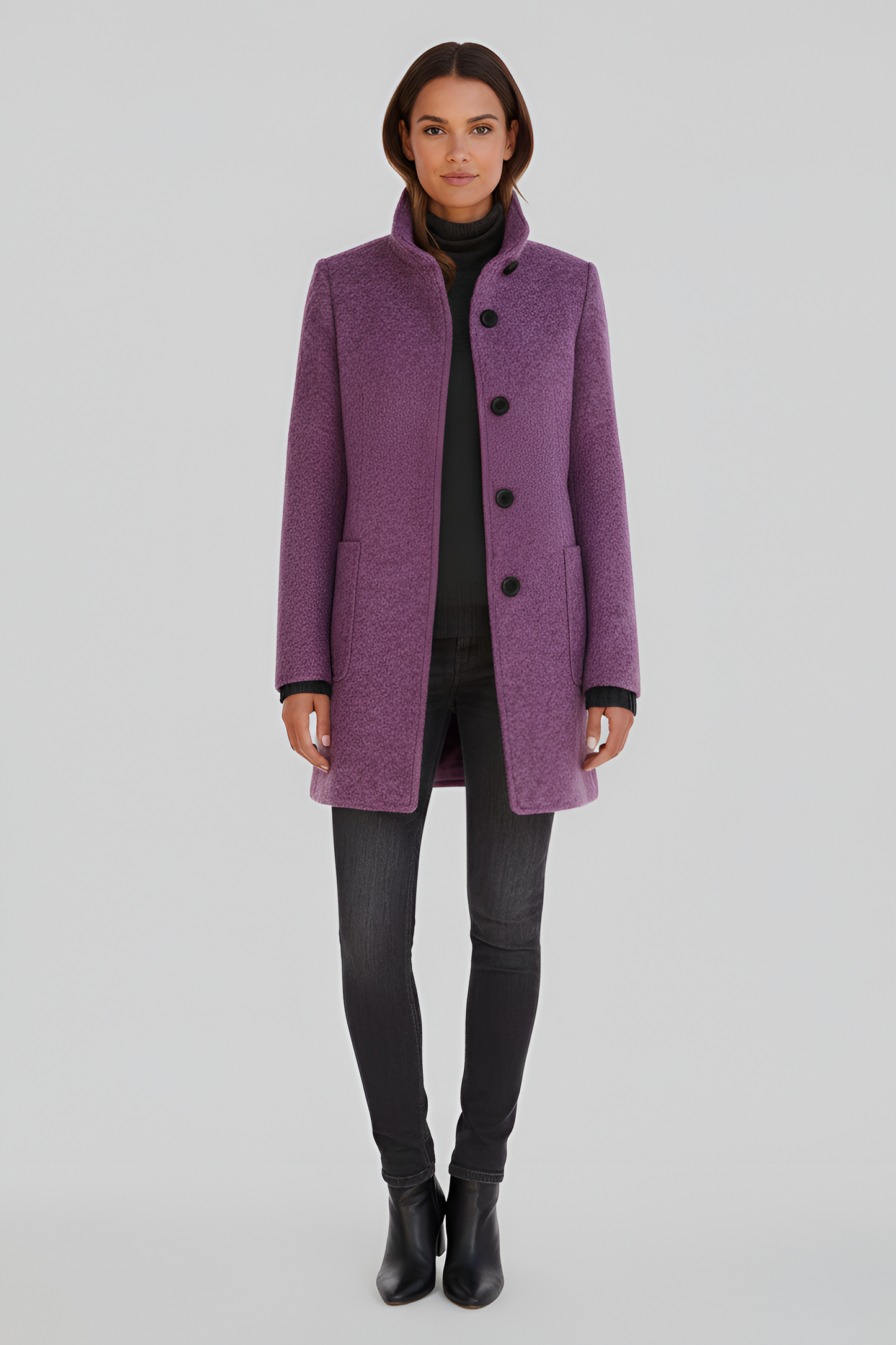Manteau en Mélange de Laine Col Haut Poches Plaquées pour Femme