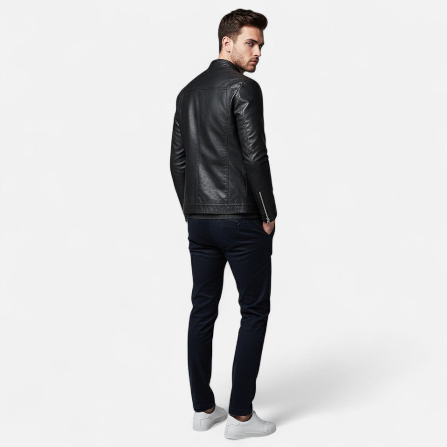 Blouson en Cuir Biker Col Montant Coupe Slim pour Homme