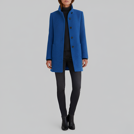 Manteau en Mélange de Laine Col Haut Poches Plaquées pour Femme