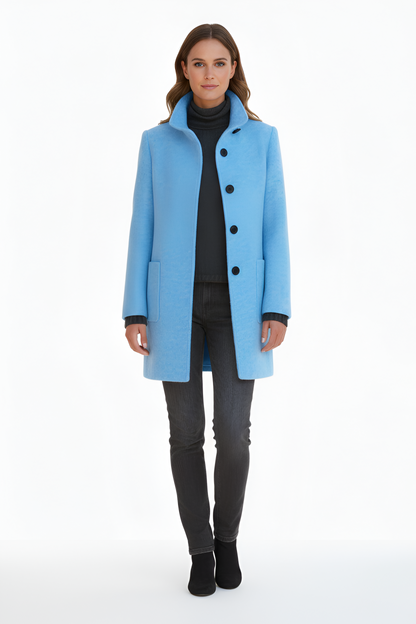 Manteau en Mélange de Laine Col Haut Poches Plaquées pour Femme