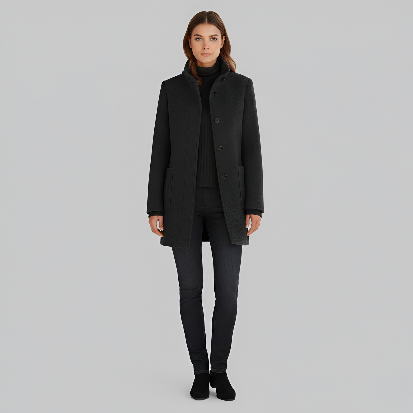 Manteau en Mélange de Laine Col Haut Poches Plaquées pour Femme