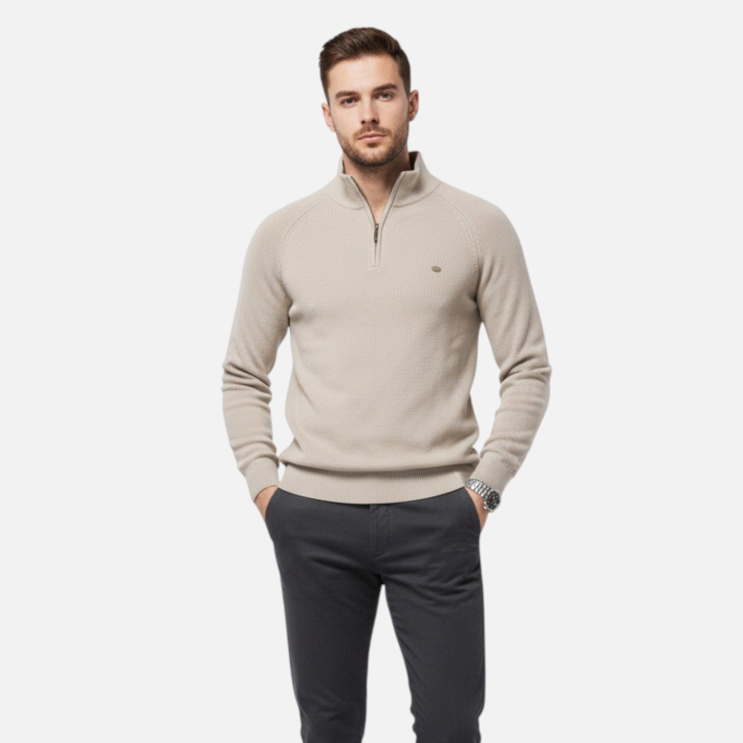 Pull demi-zip homme en coton coupe régulière mi-saison