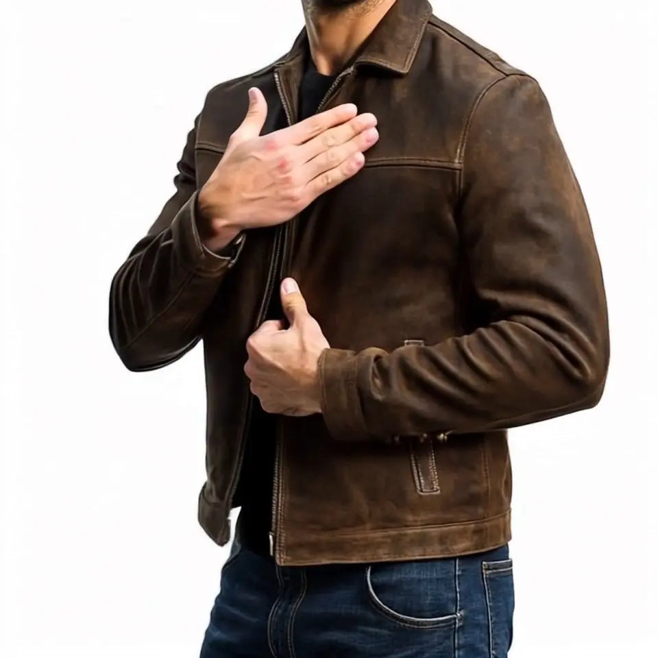 Pánská motorkářská bunda z imitace kůže se zipy na manžetách
