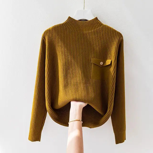 Pull Col Montant Rabat Boutonné Côtelé pour Femme