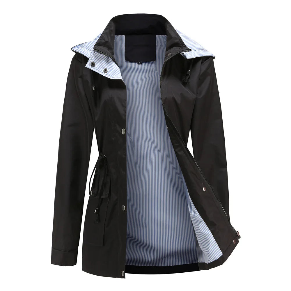 Trench da donna con cappuccio, vita con coulisse e fodera a righe