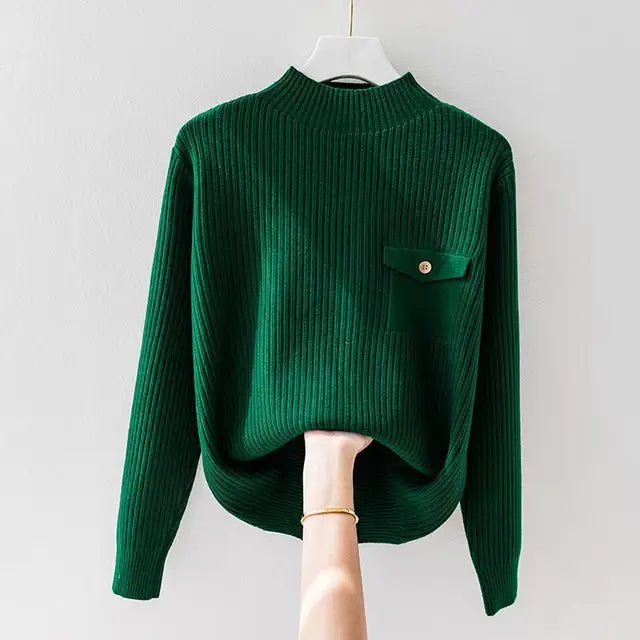 Pull Col Montant Rabat Boutonné Côtelé pour Femme