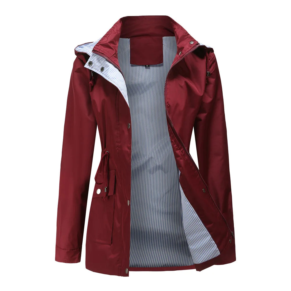 Trench-Coat à Capuche Taille Cordon Doublure Rayée pour Femme