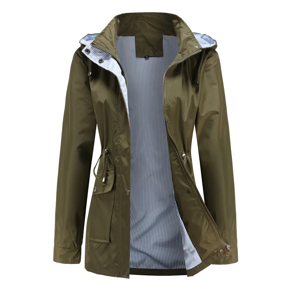Trench da donna con cappuccio, vita con coulisse e fodera a righe