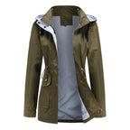Trench da donna con cappuccio, vita con coulisse e fodera a righe