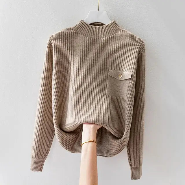 Pull Col Montant Rabat Boutonné Côtelé pour Femme