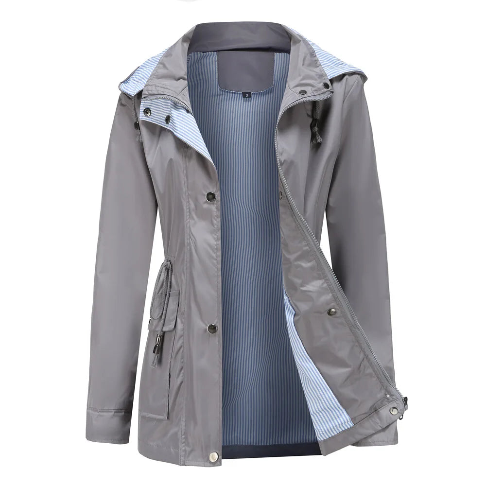 Trench da donna con cappuccio, vita con coulisse e fodera a righe
