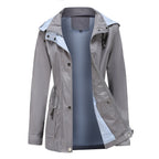 Trench da donna con cappuccio, vita con coulisse e fodera a righe