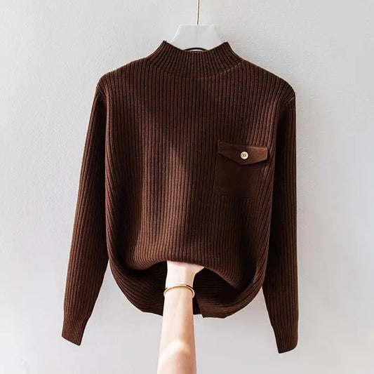 Pull Col Montant Rabat Boutonné Côtelé pour Femme