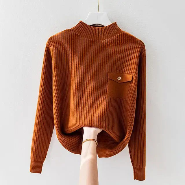 Pull Col Montant Rabat Boutonné Côtelé pour Femme
