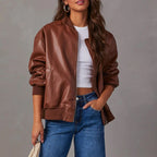 Giacca da donna in similpelle con zip e collo alla coreana