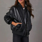 Giacca da donna in similpelle con zip e collo alla coreana