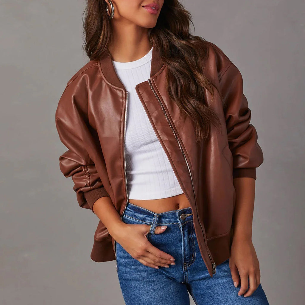 Giacca da donna in similpelle con zip e collo alla coreana