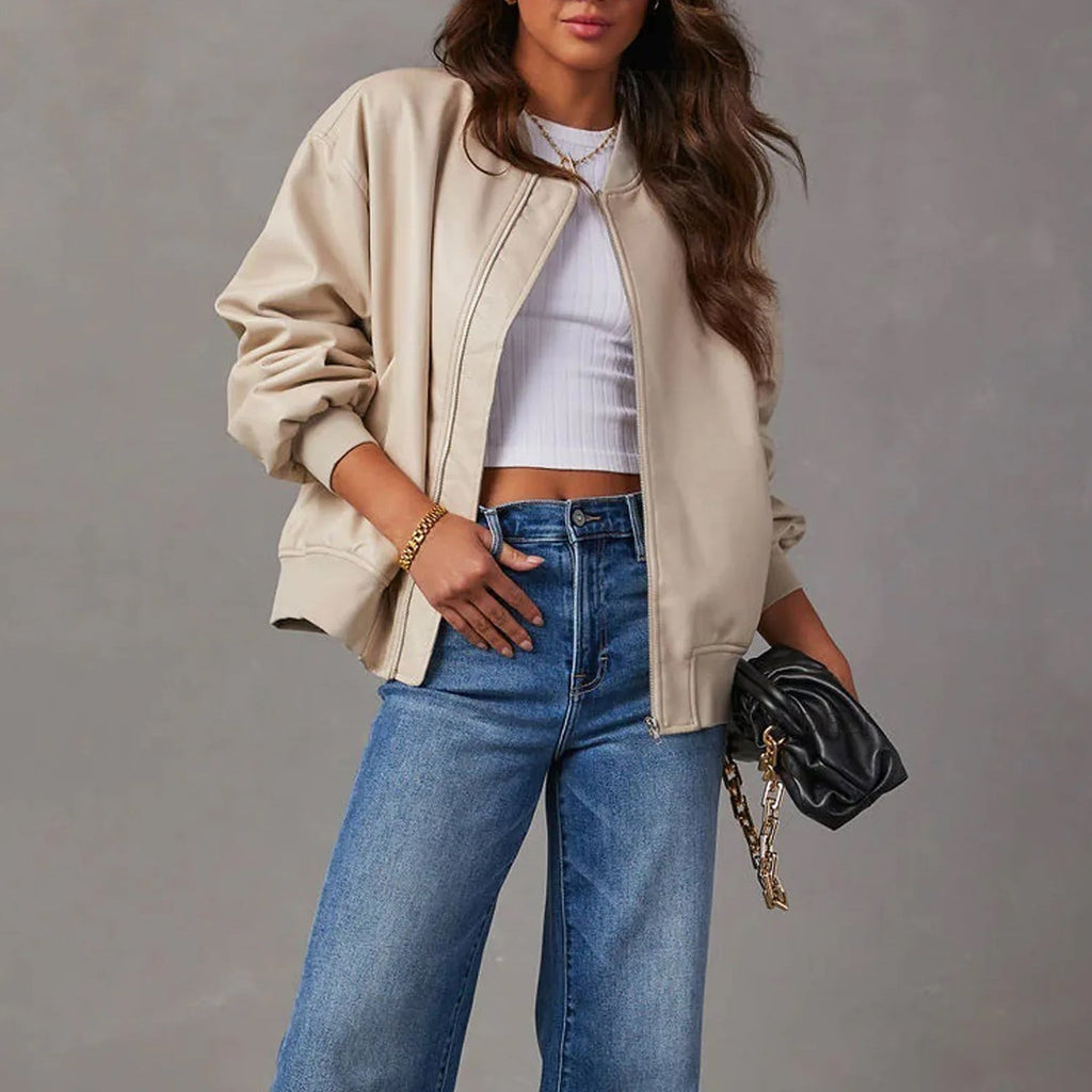 Giacca da donna in similpelle con zip e collo alla coreana