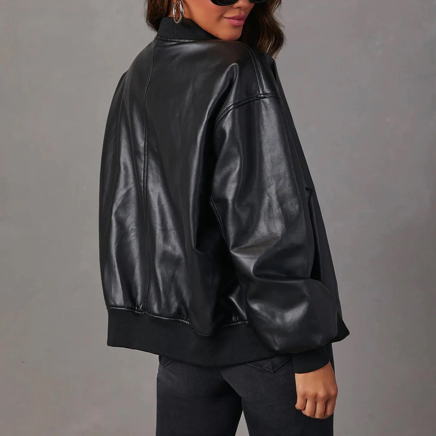 Veste en Similicuir Zippée Col Officier pour Femme