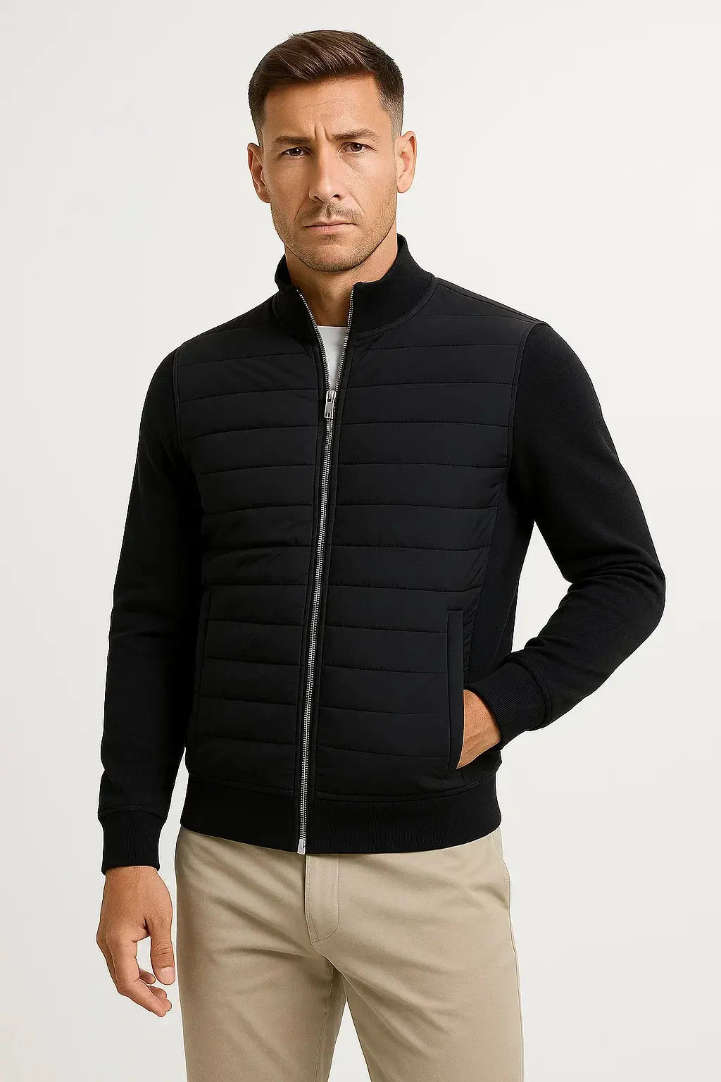 Chaqueta híbrida acolchada con mangas de punto para hombre
