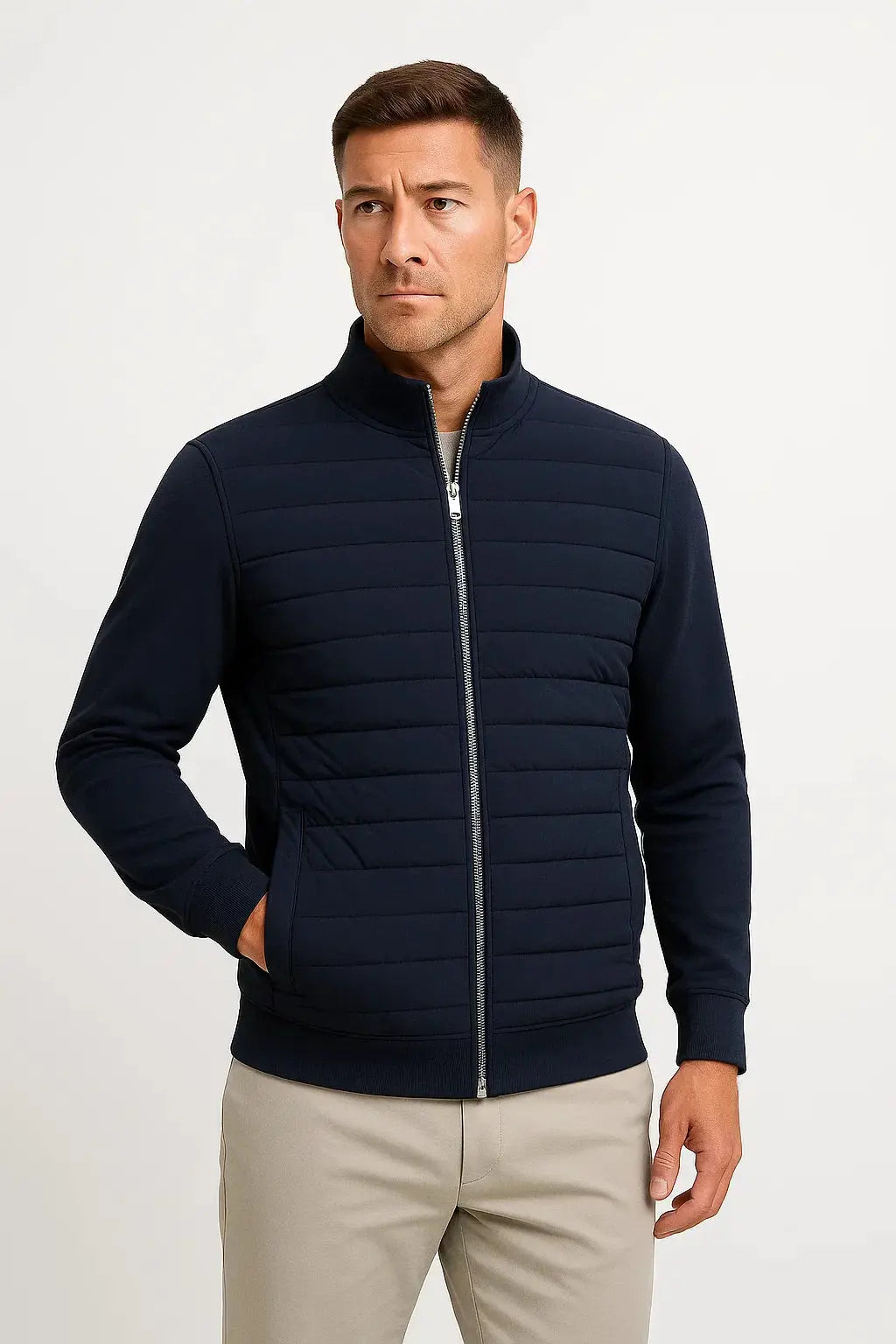 Chaqueta híbrida acolchada con mangas de punto para hombre